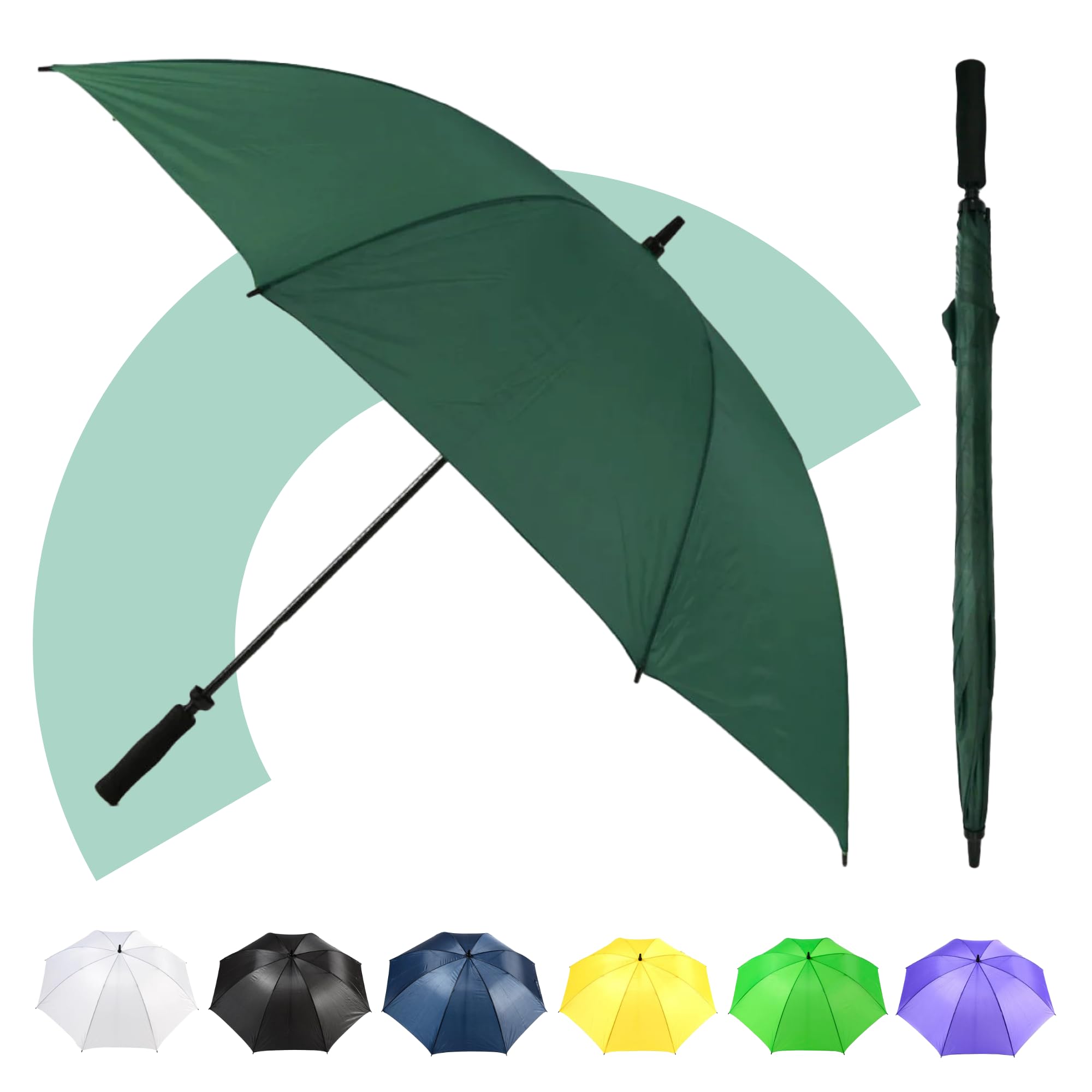 Jollybrolly Green Golf Umbrella – Large Sun Umbrella, Fibreglass Stick For Walking, Windproof, Waterproof, Large Canopy For Sun Protection, Perfect For Golf & Uk Weather