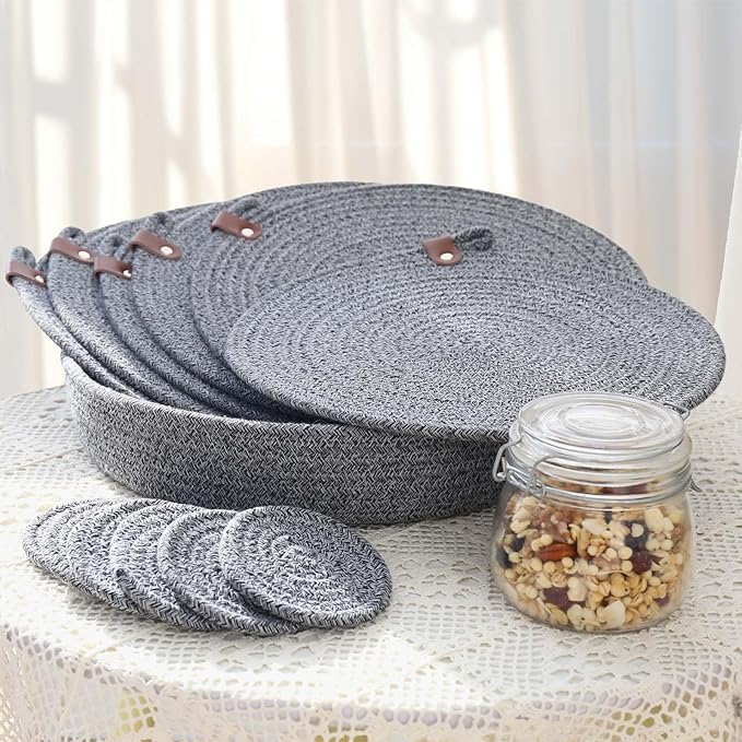 Image of Cotton Rope Placemat Set with Coasters and Holder 6 Pieces Round Woven Table | Mats Natural Beige Heat Resistant | Dining Table Decor | Durable Washable Kitchen Accessories (Gry Mix White)