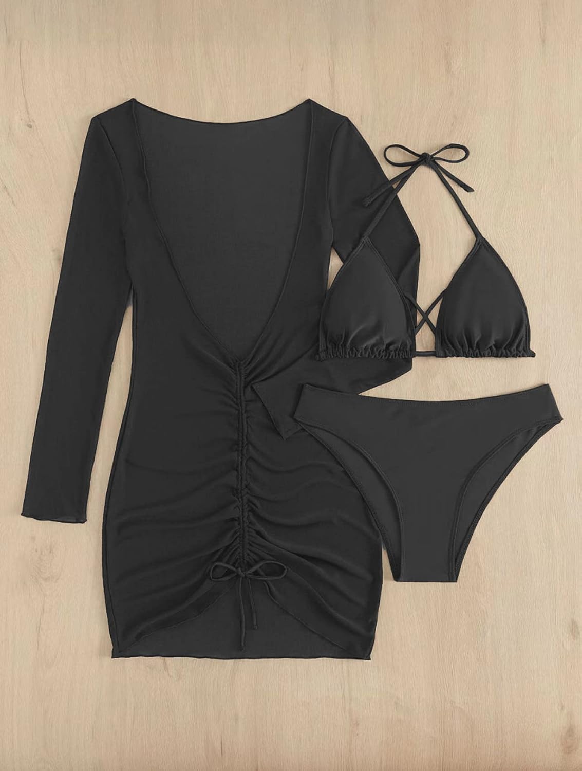 SherryDC Women's Sexy 3 Piece Swimsuits Halter Triangle Bikini Sets with Long Sleeve Cover Up Drawstring Bathing Suit - Image 3