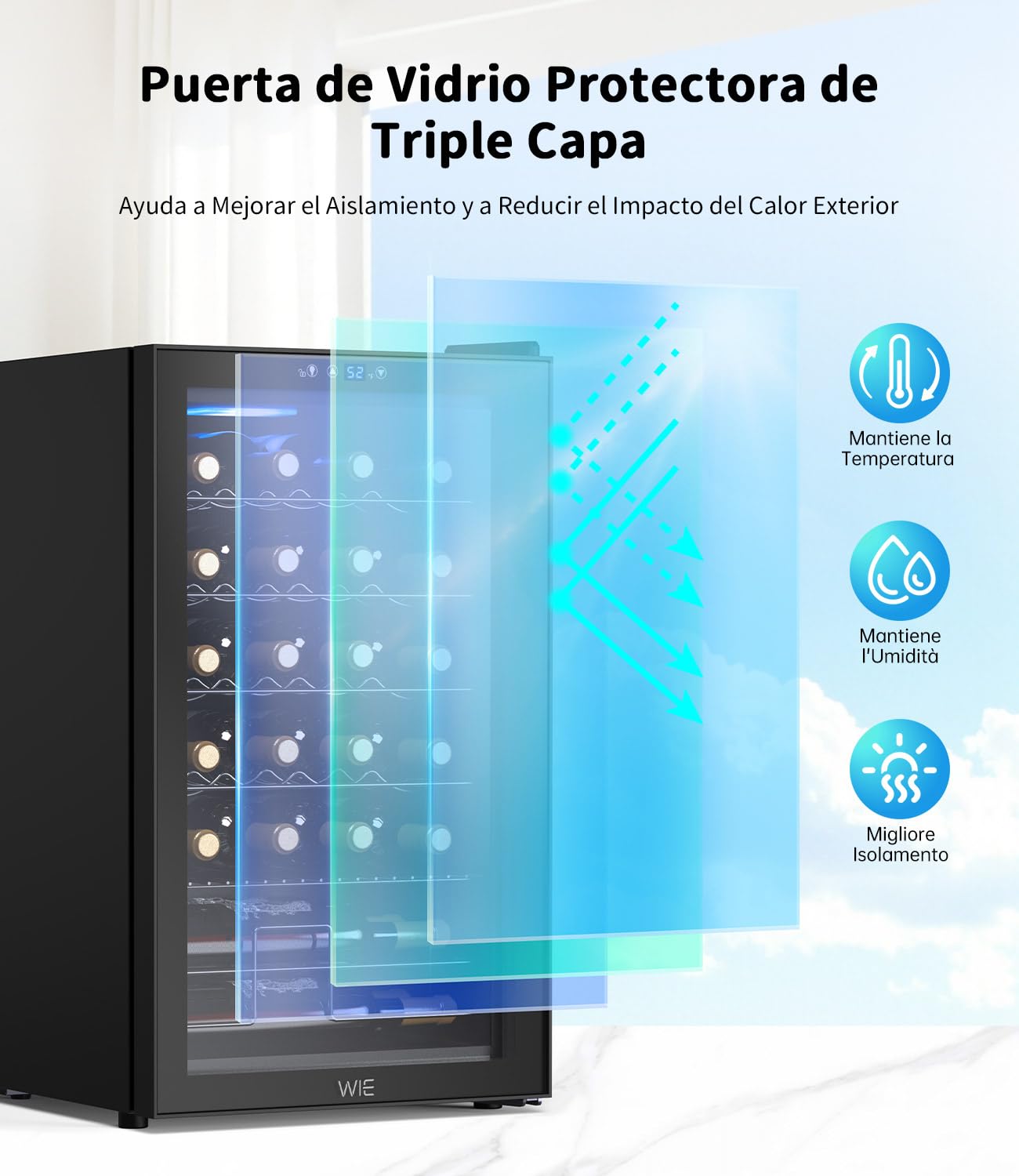 WIE Vinoteca 24 Botellas 70L, Nevera Vinos, con Control Táctil 4-18°C, Iluminación LED, Cava de Vino, ＜43dB, Protección UV, para Vino Tinto/Blanco, Cerveza, Bar Interior | 70L Nevera Profesional 6-Estantes Soporte Ajustable Protección Anti-UV Refrigeració