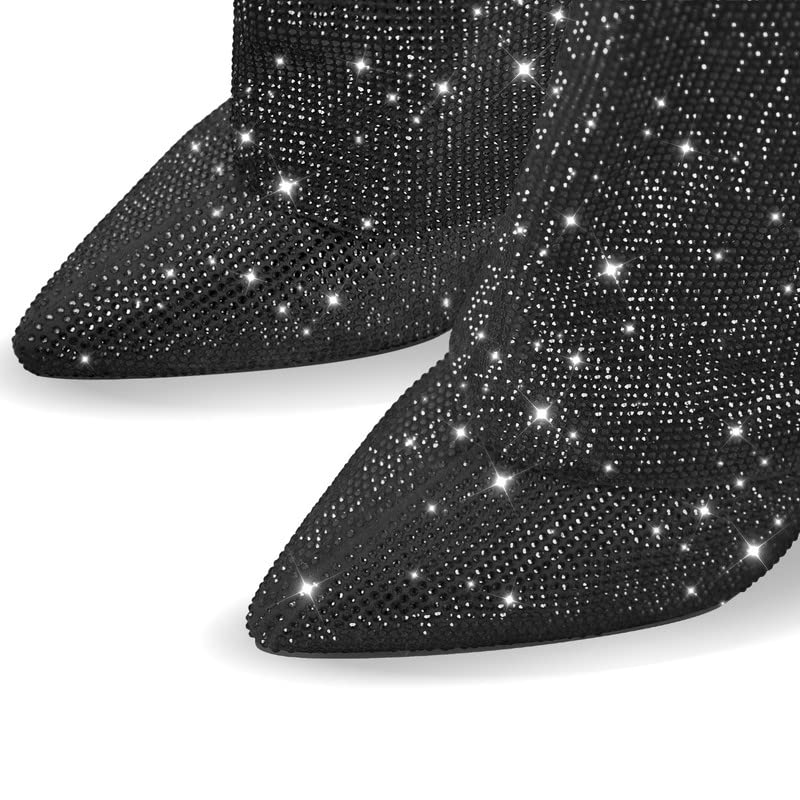 sexytag Womens Sparkly Rhinestone Boots Fold Over Padlock Knee High Wedge Heel Pointed Toe Pull-On Tall Boots4