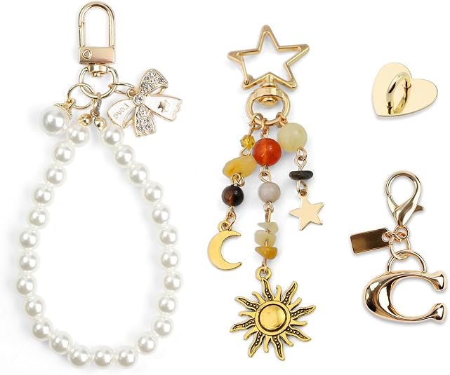 4 Pcs Bag Charms Pearl Sun Moon Star Keychains