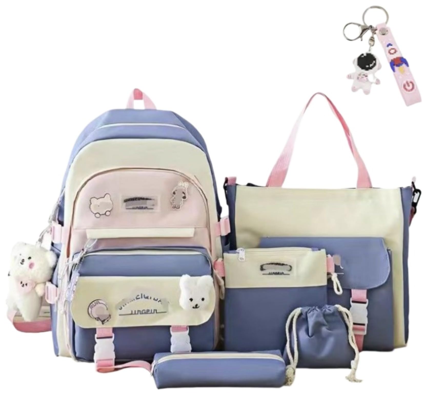 Kawaii 5-piece backpack set, cute school aesthetic schoolbag, youth supplies backpack set and accessories (Blue Schoolbag6, 16.92x12.2x6.29 inch)
