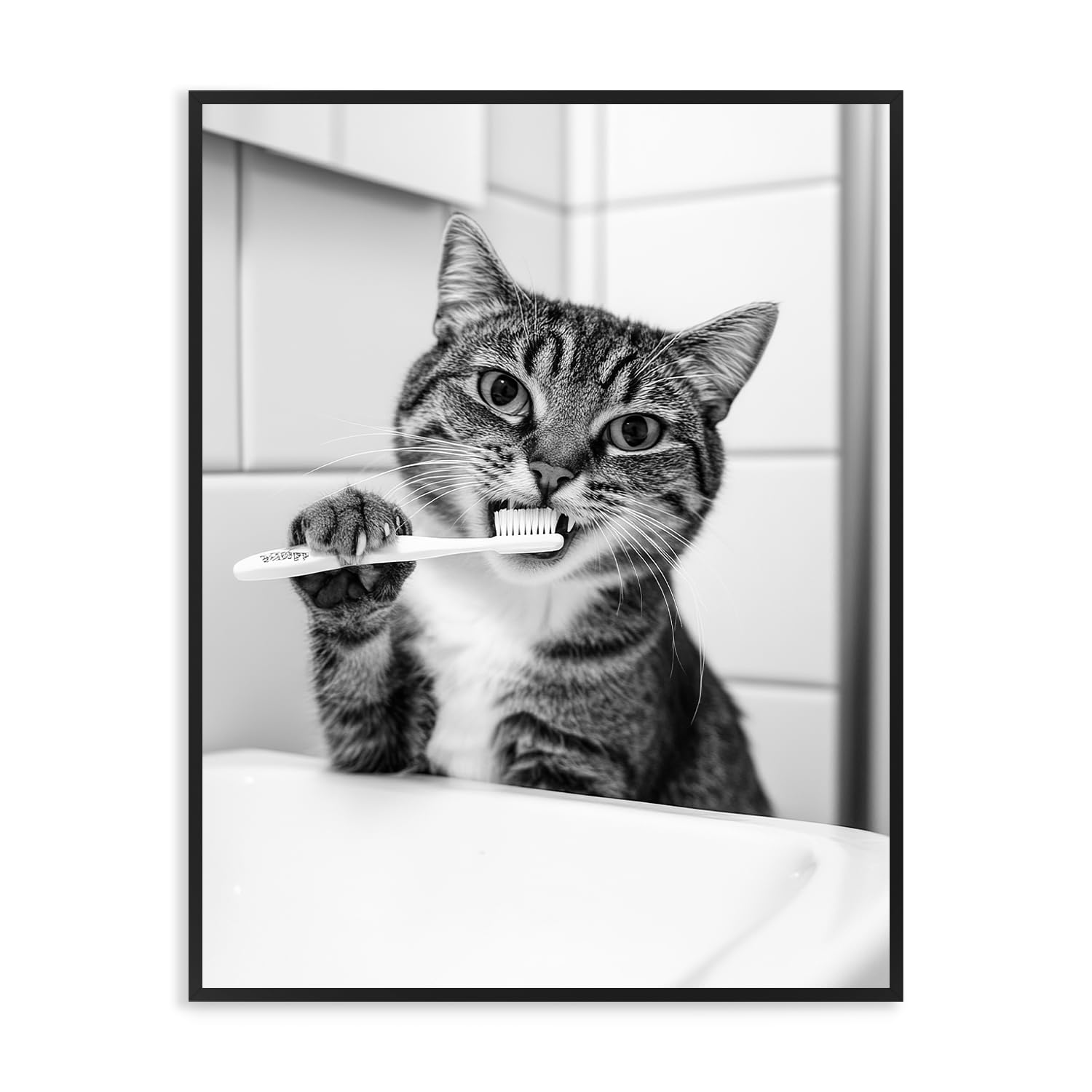 Dazzlewall Funny Cat Bathroom Wall Art, Cute Cat Brush Teeth Black and White Animal Poster Pictures for Bathroom Toilet 12x16 in Unframed