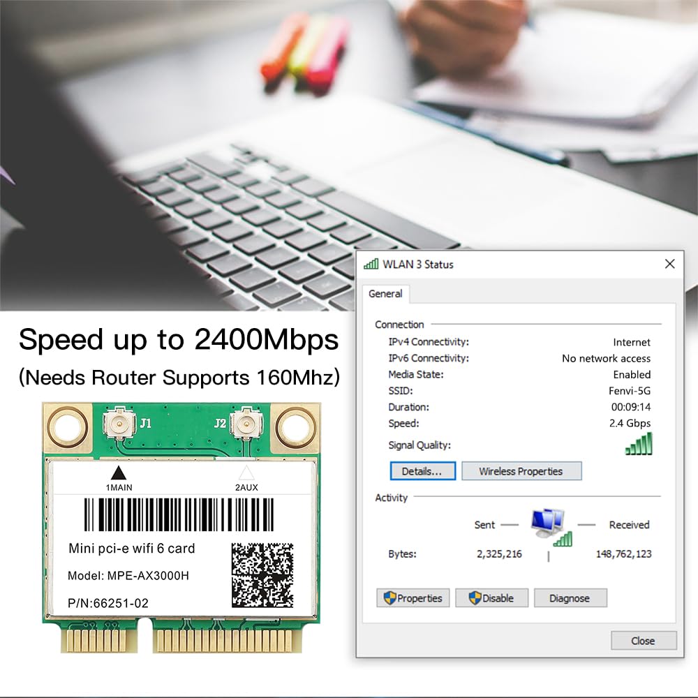 MPE-AX3000H Carte Wi-Fi 6 avec Bluetooth 5.2 PCIe, 574 Mbit/s + 2,4 Gbps AX3000, 160 MHz, OFDMA, MU-MIMO, pour ordinateur portable, faible latence pour jeu/streaming, compatible avec Windows 10/11 64