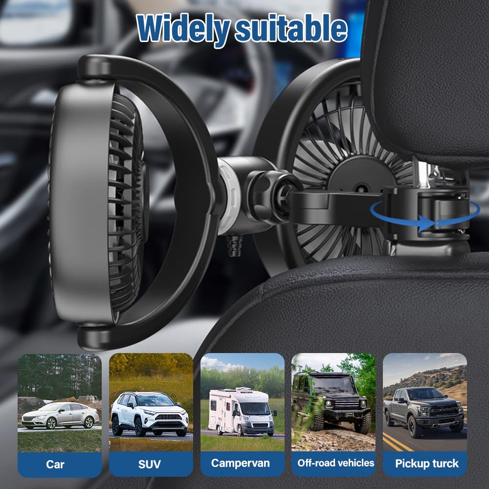 Ventilateur de Voiture à Double Tête, Ventilateur Voiture USB, Siège Arrière, 3 Vitesses, Rotation 360°, Pour Véhicules, Camions, SUV