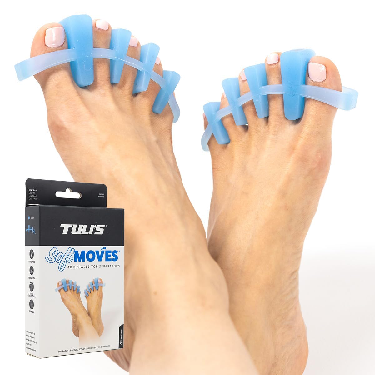 Tuli’s SoftMoves – Verstellbare Zehenspreizer zur Unterstützung der Ausrichtung, bei Hallux Valgus, Hammerzehen, Plantarfasziitis und Morton-Neurom, Einheitsgröße, Blau | Silikon-Zehenspreizer für Ballenzehen, Hammerzehen, Plantarfasziitis, Yoga, Morton-N