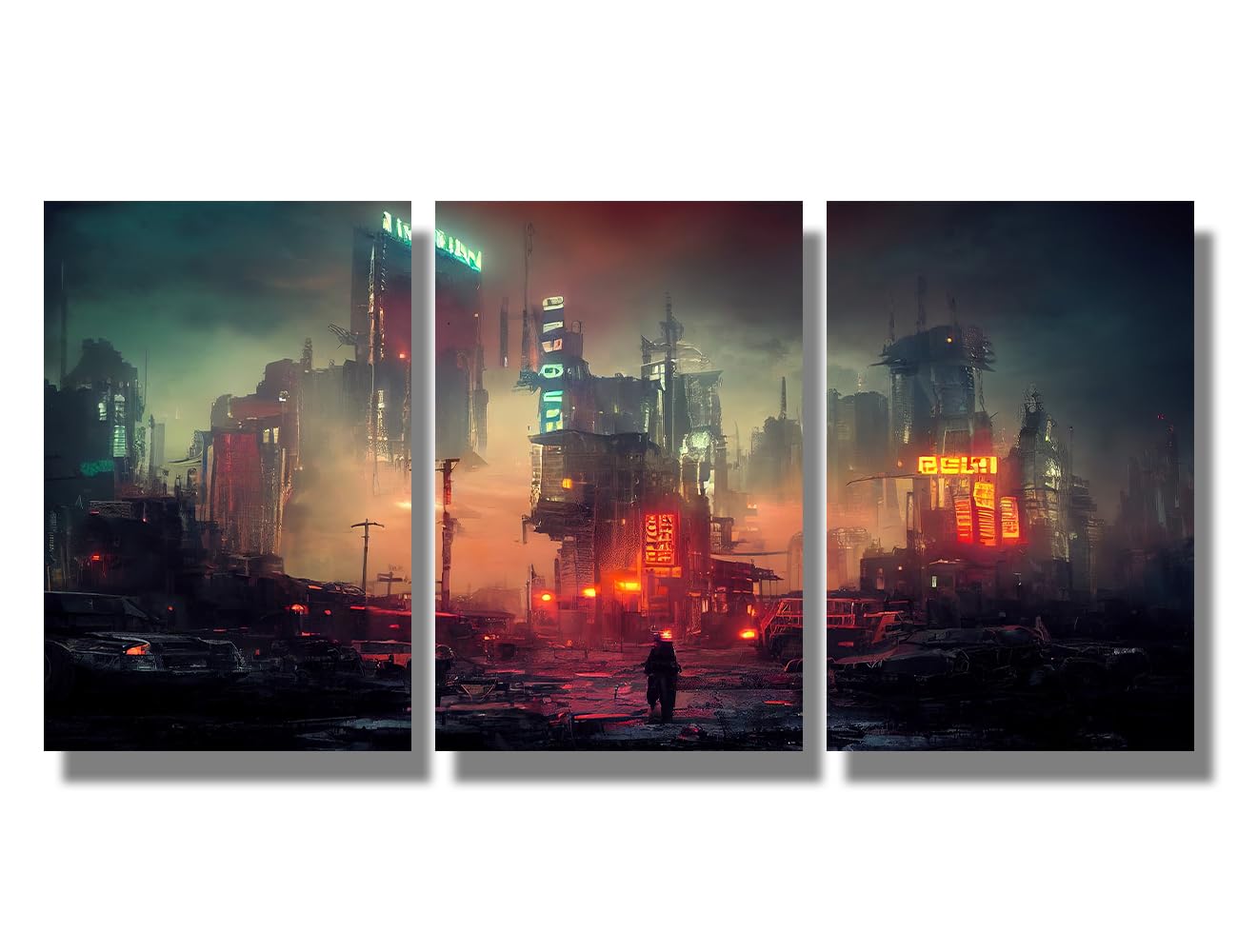 LSIUHWUWI 3 immagini da parete per soggiorno Cyberpunk post apocalittica città decorazione artistica da parete in stile cyberpunk in rovine luci al neon incandescenti su tela artistica da parete
