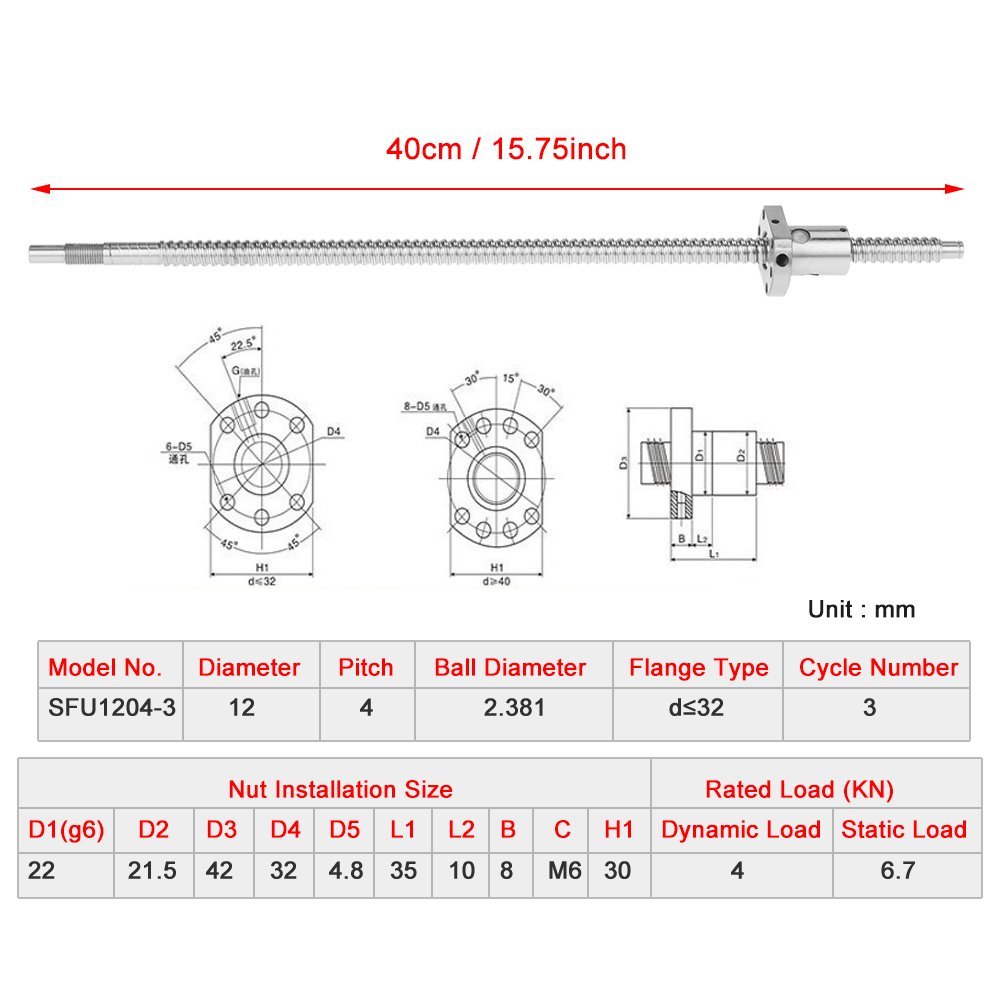 SFU1204 Girante a Vite a Ricircolo di Sfere 400 Mm Basso Attrito Elevata Efficienza di Trasmissione Senza Supporti Laterali