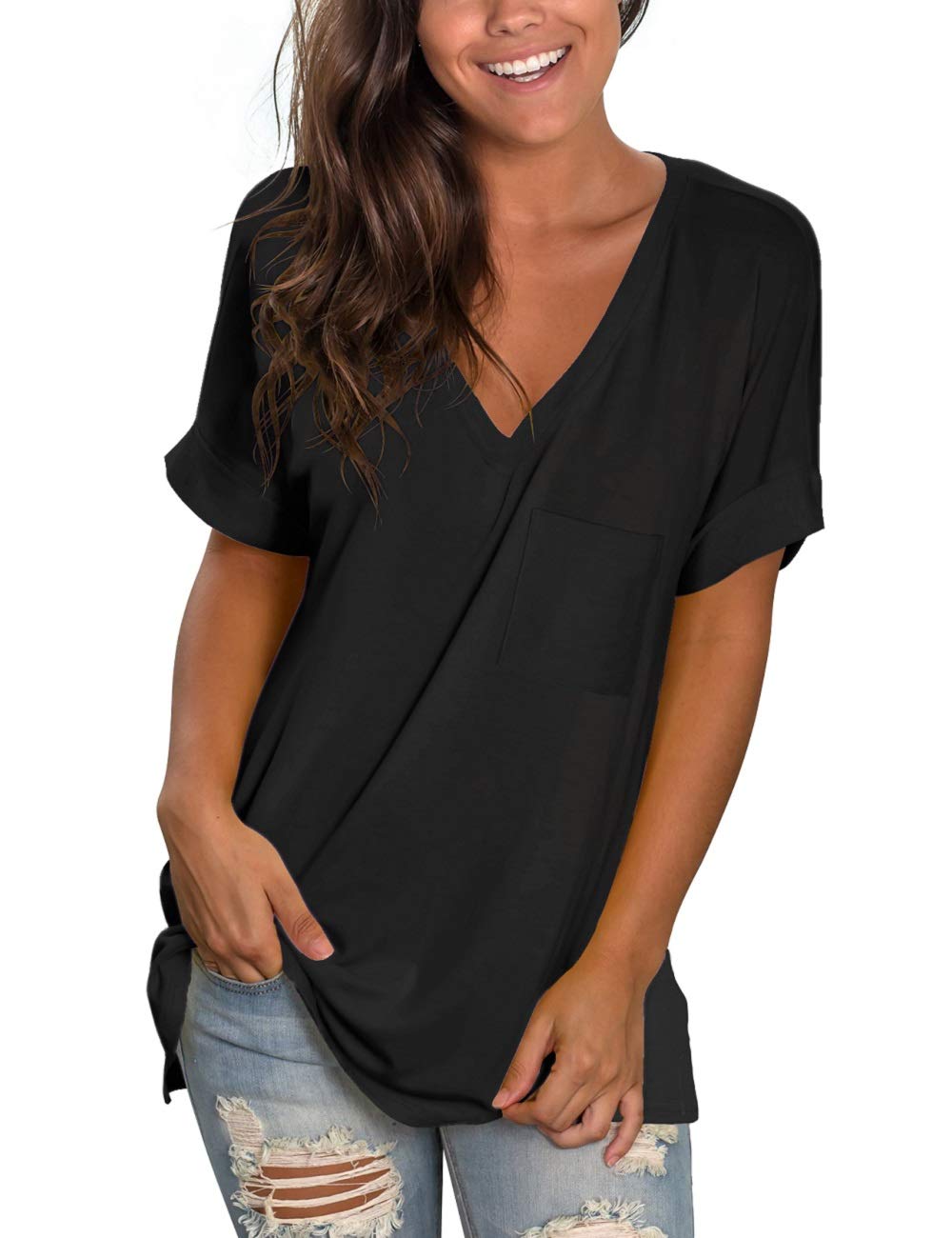 Womens Basic V Neck T Shirts Rolled Short Sleeve Summer Casual Tops with Pocket S-2XL