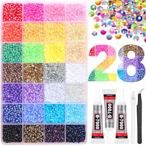 45000Pcs 28 Colors Jelly Resin Rhinestones for Bedazzling, 3mm Multicolor Flatback Gems for Diamond Art, Bedazzler Kit with 3Pcs 10ml B7000 Jewelry Glue for Bedazzled Kits Crafting Nail Book Decor