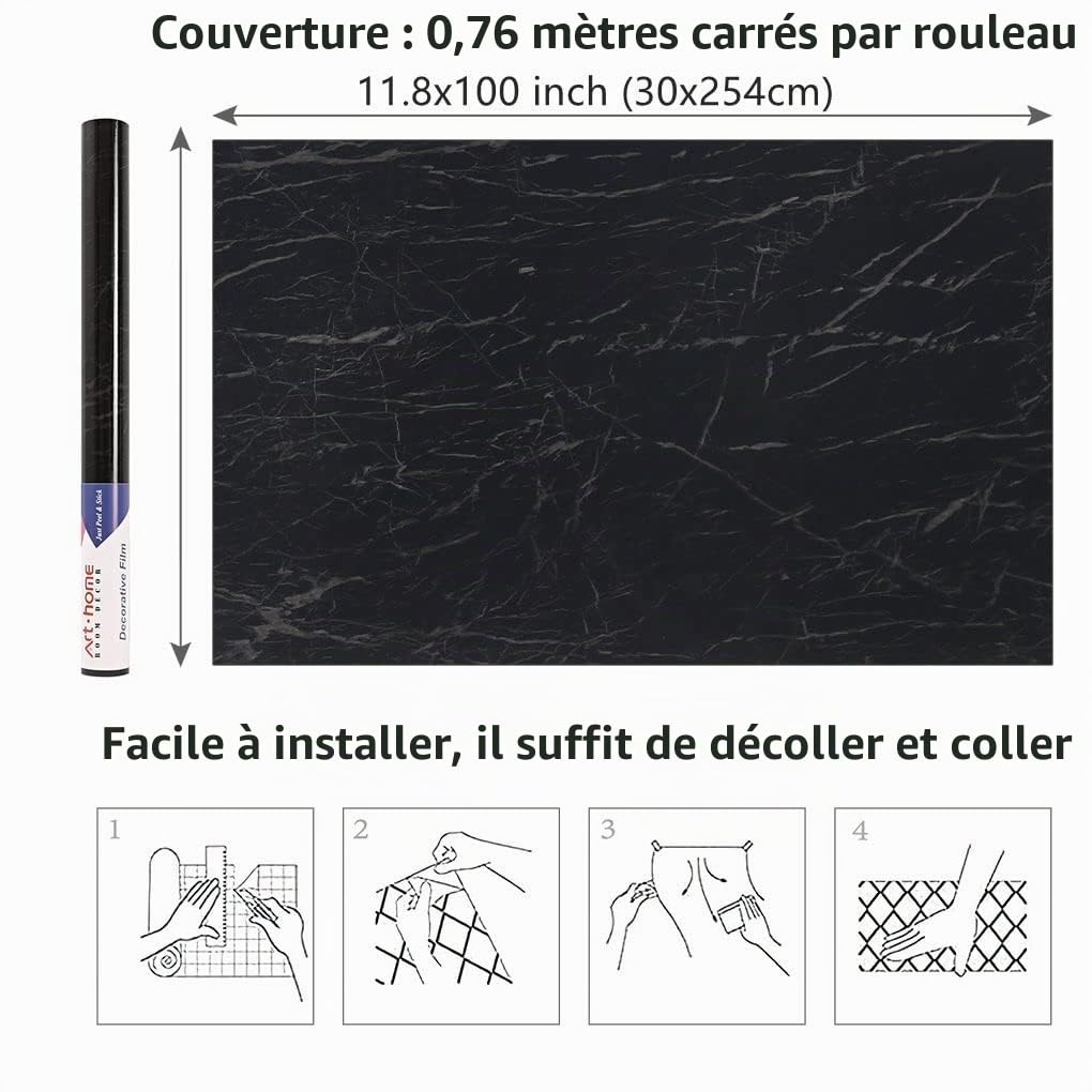 Arthome Noir Marbre Papier Contact 27cmx254cm Papier Peint Auto Adhésif Film Décoratif Amovible Résistant à l'Eau