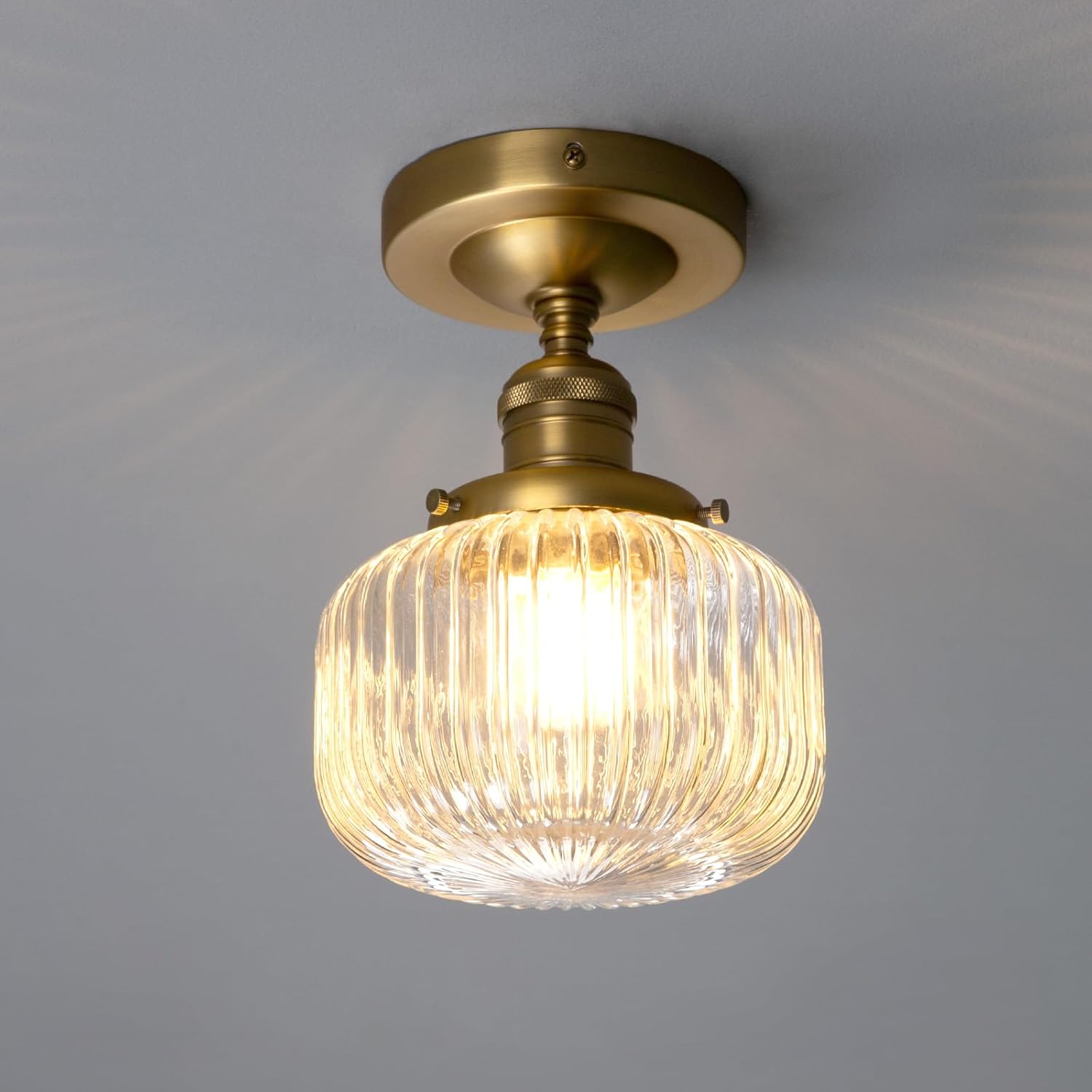 PERMO Small Semi-Flush Mount Ceiling Light Flat Ribbed Glass Shade, Antique Gold Finish, Modern Hallway Lighting Fixture