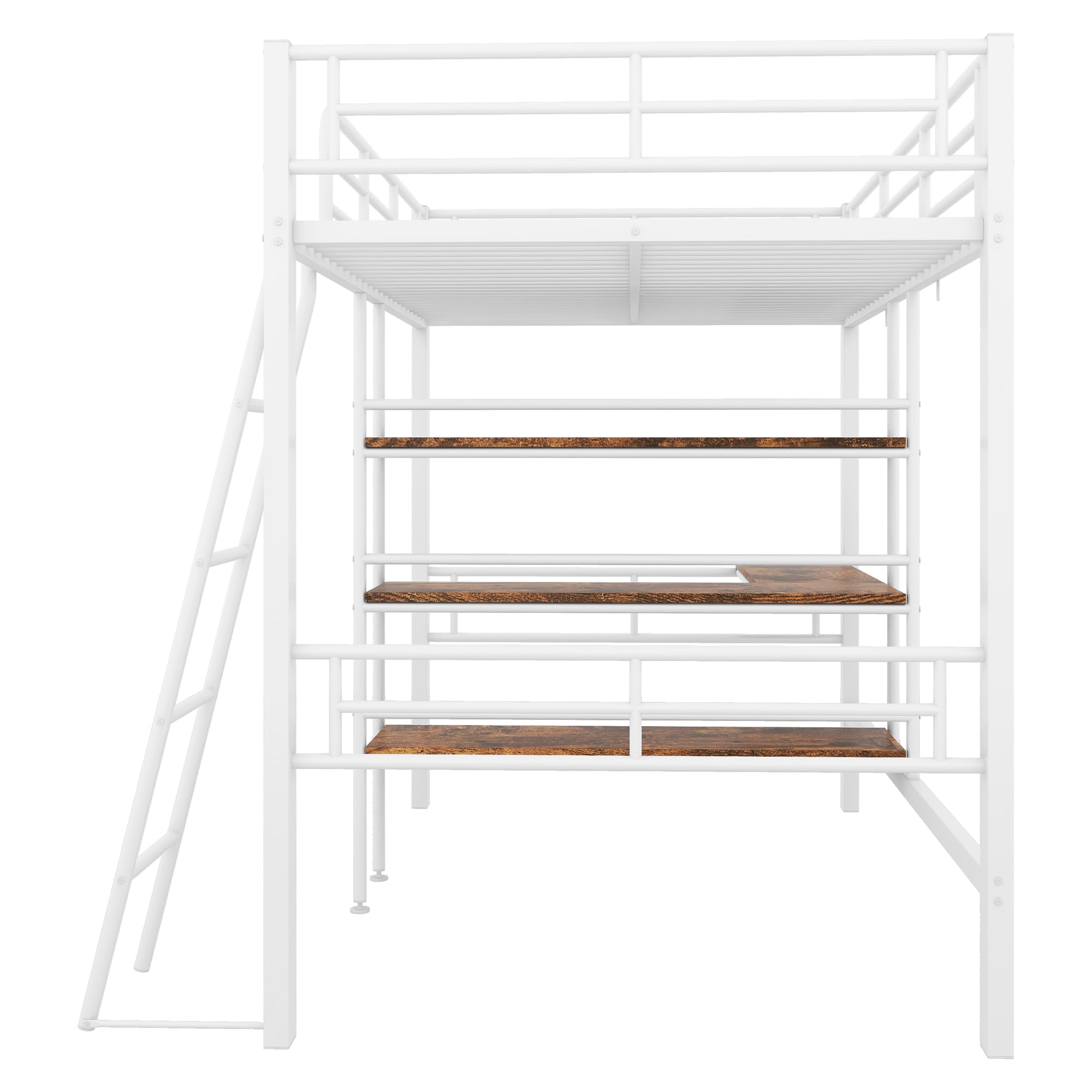 Azkoeesy Letto a soppalco 90 x 200 cm, con scrivania e ripiani portaoggetti, scale inclinate, letto singolo in metallo, con ringhiera, per adolescenti e adulti, bianco