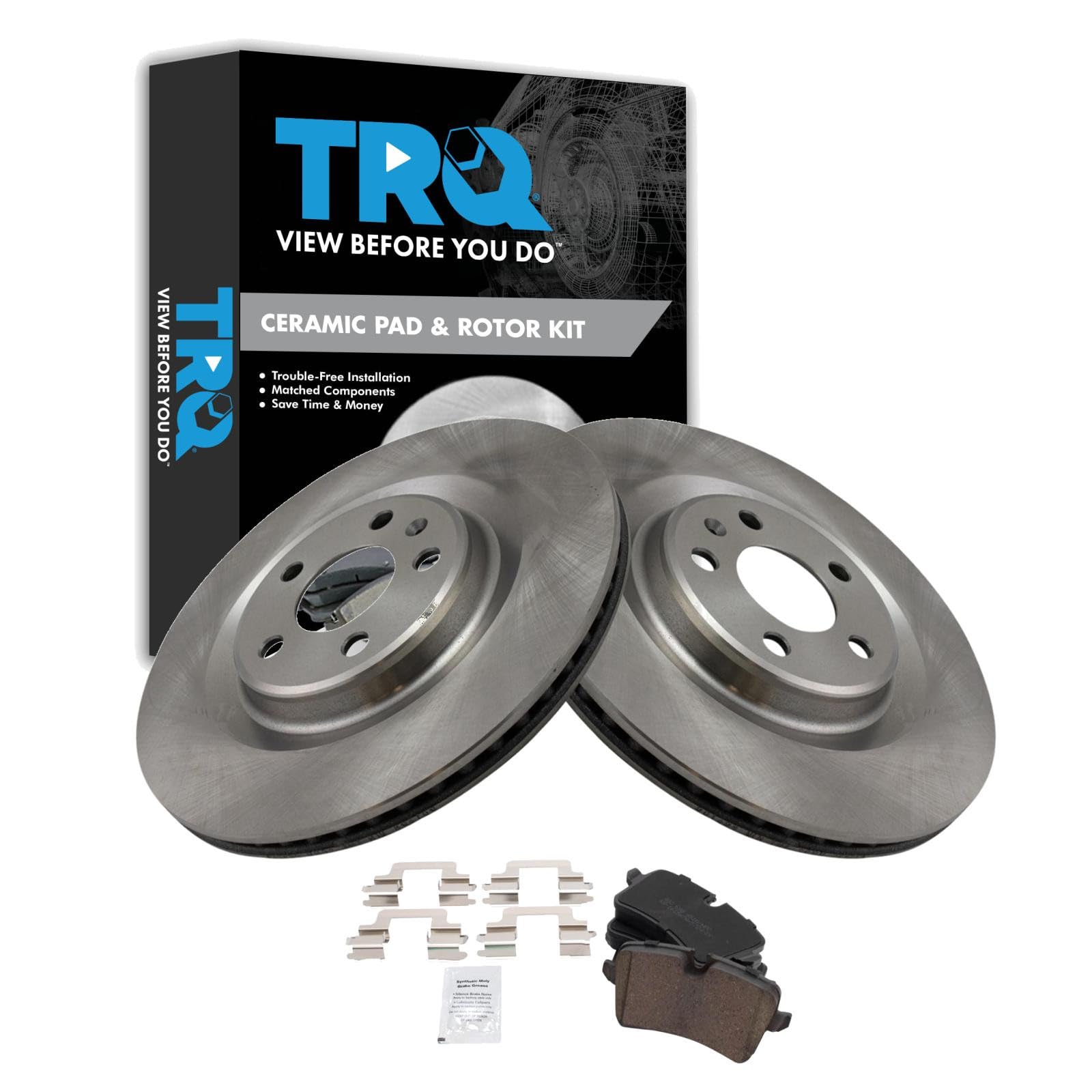TRQ Rear Ceramic Brake Pad and Rotor Set Compatible with 14-18 Audi A6 12-18 A6 Quattro 12-18 A7 Quattro 13-14 A8 with 330mm Diameter Rear Rotors