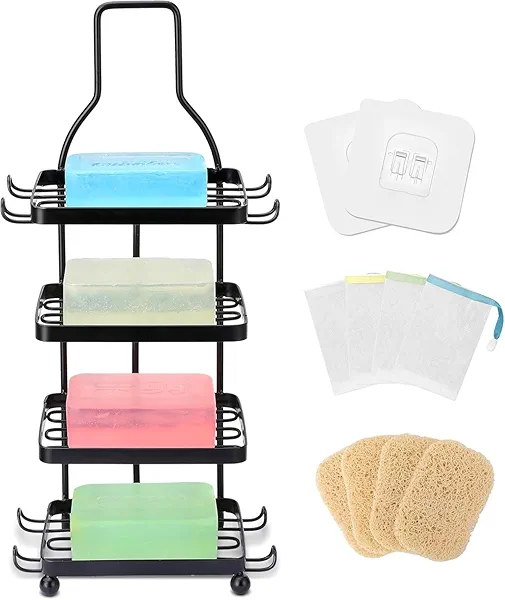 AWZITUO Soap Holder 4-Tier Shampoo Bar Holder Rustproof Easy Cleaning with 8 Hooks Can be Placed on The Sink Countertop,for Bathrooms/Kitchens (Black)