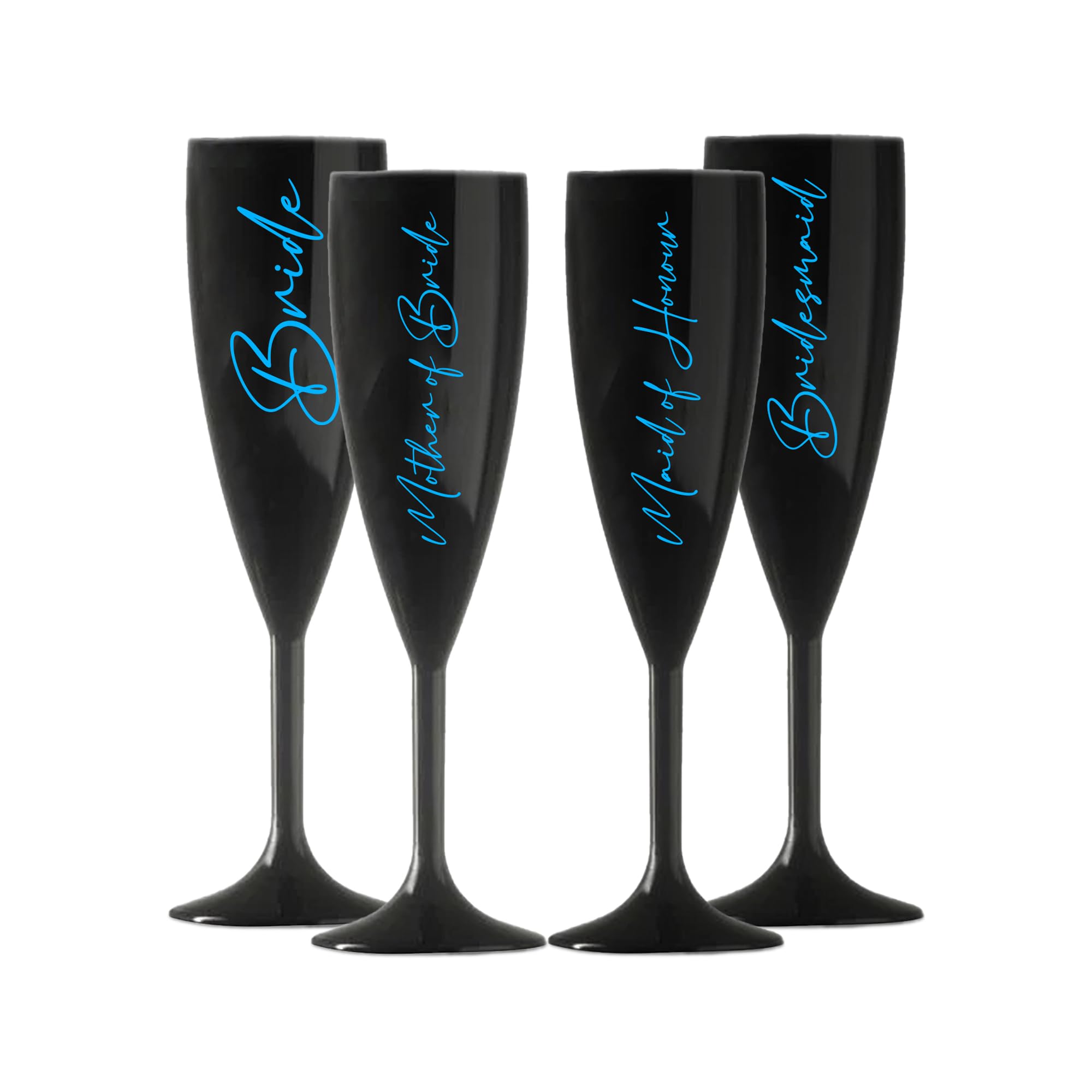 Print Maniacs Champagne Premium Black Flute Glass Bride Groom Mr Mrs Wedding Maid Honour Wine Cocktail Prosecco Celebrations Gift (Baby Blue, Set of 4 Brides Set)