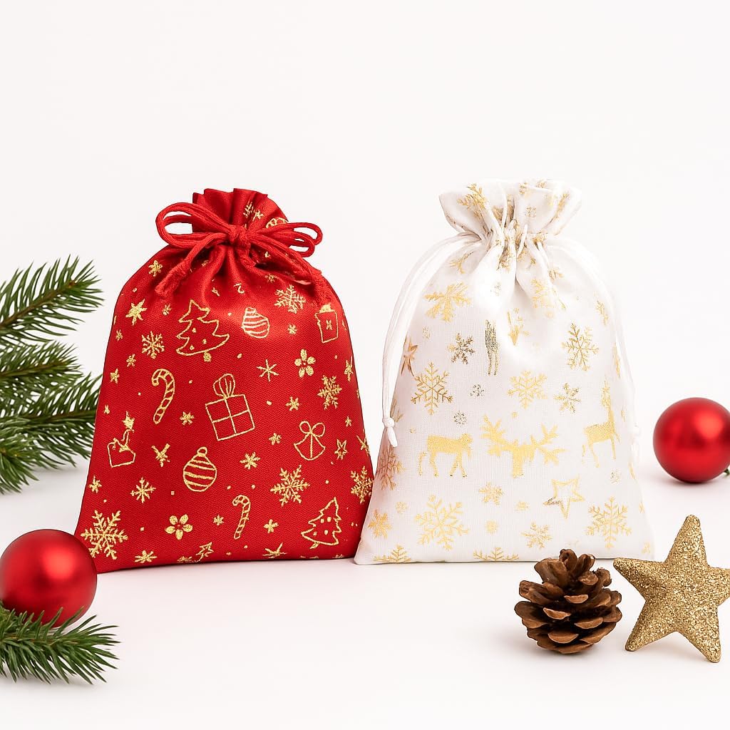 2 li Set 17x23 cm Y lba  Hediye Kesesi   K rm z  & Beyaz Alt n Yald zl  Noel Temal  Kuma   anta | Y lba  Hediye Paketi Kesesi