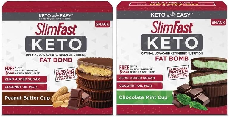 SlimFast Keto Fat Bomb Snacks, 17 Grams, 14 Pack Box - 2 Pack Bundle (Peanut Butter & Mint)