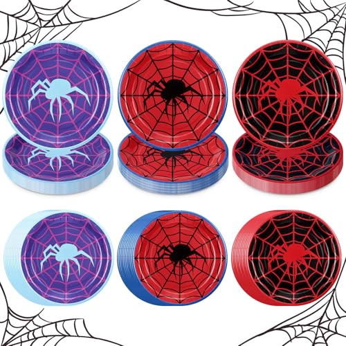 Havawish 144 Pcs Spider Birthday Party Supplies Spider Theme Party Paper Plates Bulk 9 Inch 7 Inch Cartoon Disposable Plates for Birthday Decorations Tableware Supplies