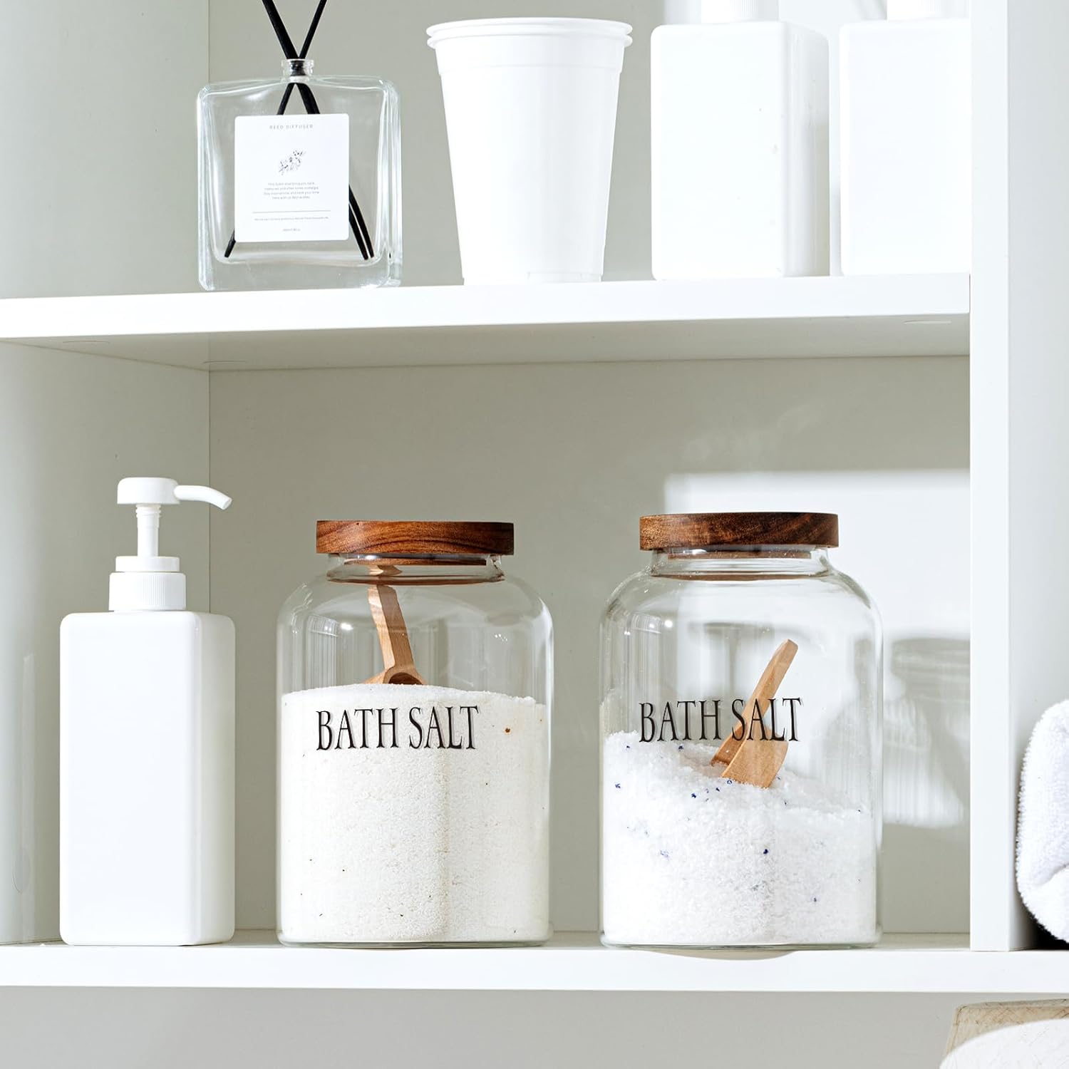 SiliFine 2 Sets 74 oz Large Bath Salt Container with Wooden Scoop for Glass Bath Salt Jar with Airtight Lid Storage Canister for Food, Flour, Sugar, Cookie, Kitchen