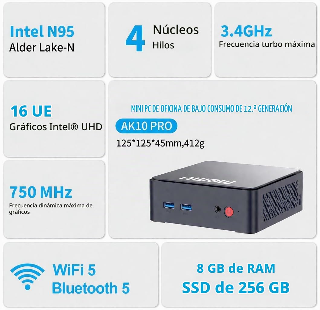 AWOW AK10 Mini PC N95, 16 GB RAM, SSD 512 GB, Doble Pantalla 4K UHD