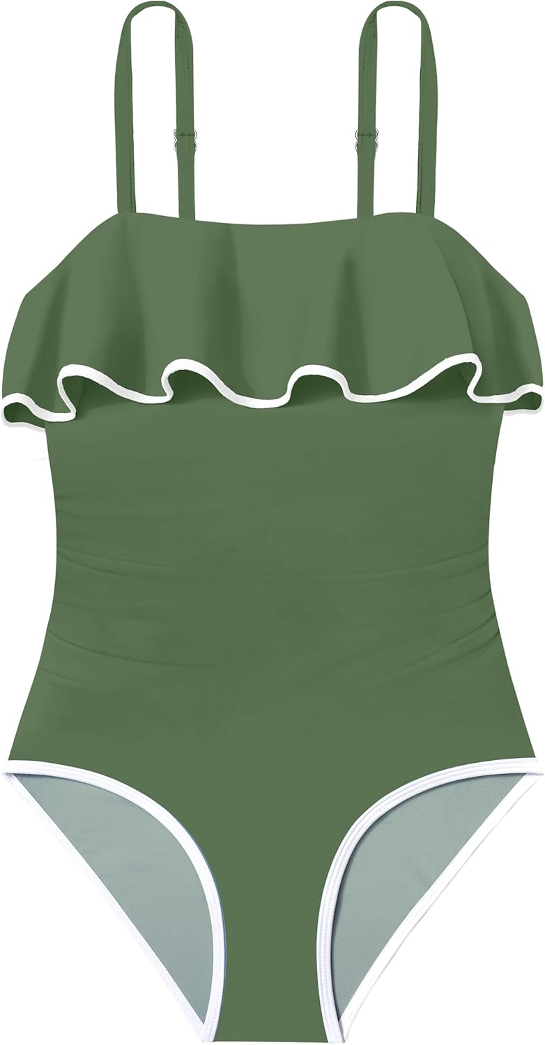 Girls Swimsuit Ruffle One Piece Swimsuits Solid Color Bathing Suit for Teens Contrast Trim Swimwear 9-16Y with Padded