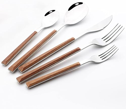 Miniatura 5 de Juego de 30 piezas de cubiertos con espejo de mango marrón para 6, juego de cubiertos de acero inoxidable 188 con bandeja antideslizante de 5