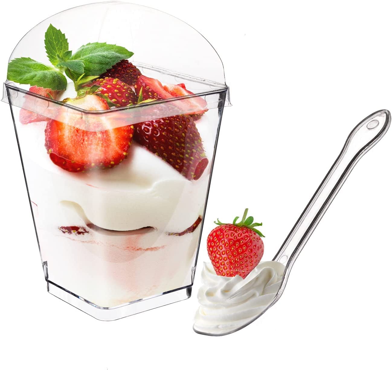 TOMVAES 100 Pack 5.4 oz Square Clear Plastic Dessert Cups with Lids and Sporks,Appetizer Cups,Party Parfait Cups,Yogurt Parfait Containers Shooter Cups for Parties, Events,Catering