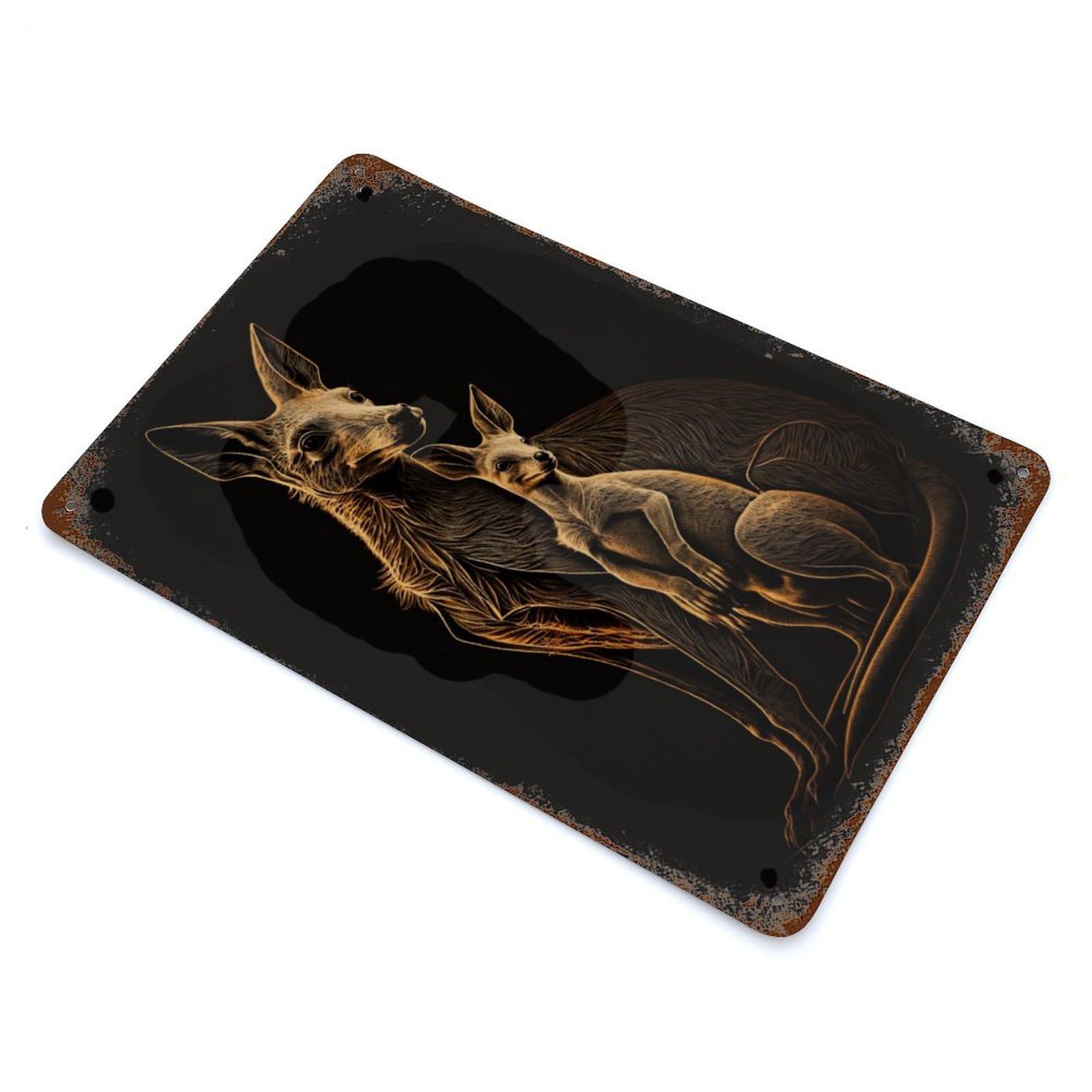 Kangaroo Gold Black 11.8"x7.9" Distressed Metal Wall Sign, Shabby Chic Decor for Office, Studio And Wall Decor