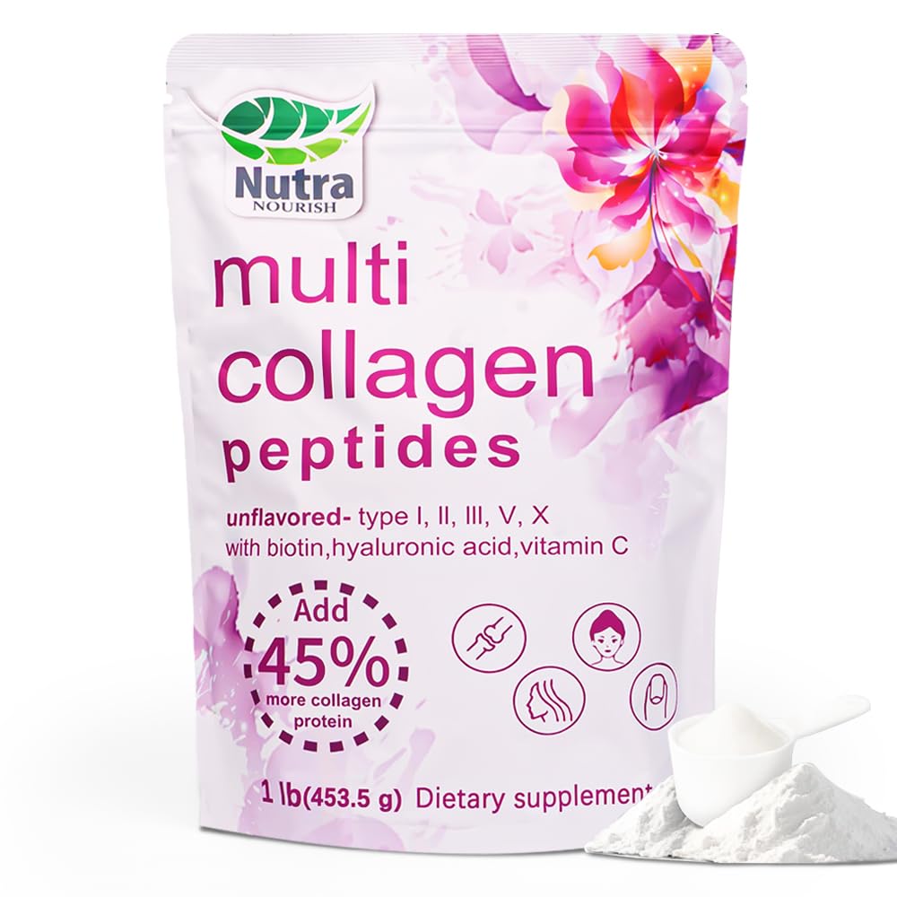 Multi Collagen Peptides Powder, 1LB | (Type I, II, III, V, X) with HyaluronicAcid, Biotin & Vitamin C,Supports Hair, Skin & Joint Health,Unflavored 1 Pound (Pack of 1)
