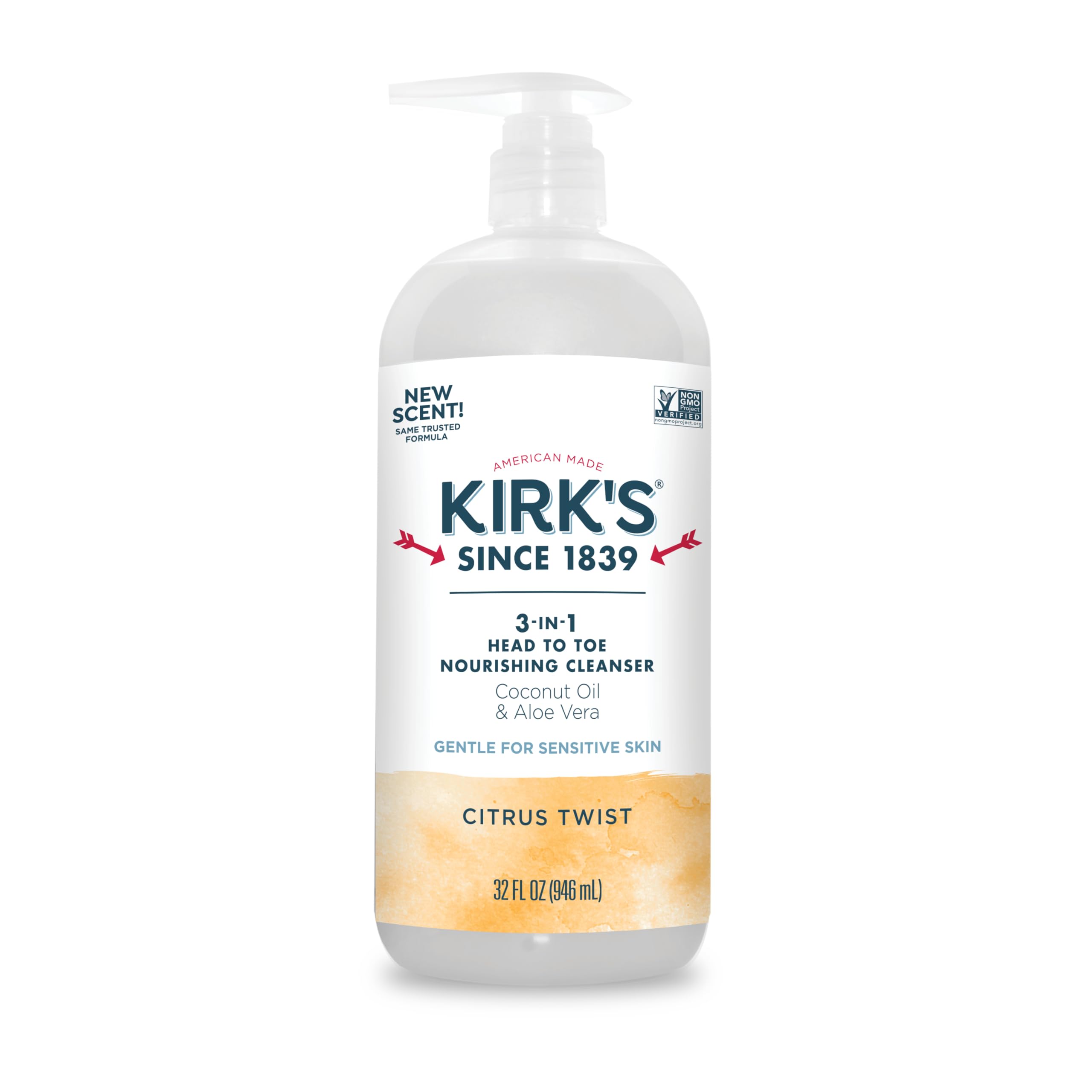 Kirk's 3-in-1 Head to Toe Nourishing Liquid Cleanser- for Men, Women & Children - Premium Coconut Oil & Aloe Vera- Non GMO & Vegan - Citrus Twist - 32 Fl Oz.