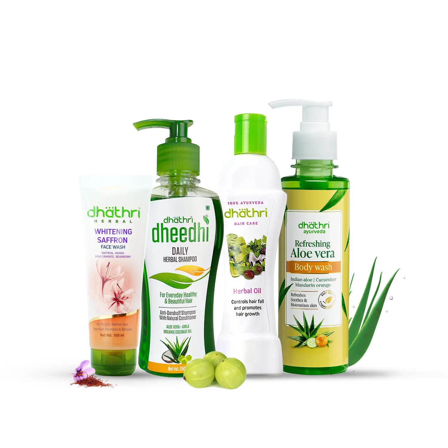 Dhathri Daily Essentials Combo | A combo with hair care oil, shampoo with conditioner, herbal face wash and an organic body wash