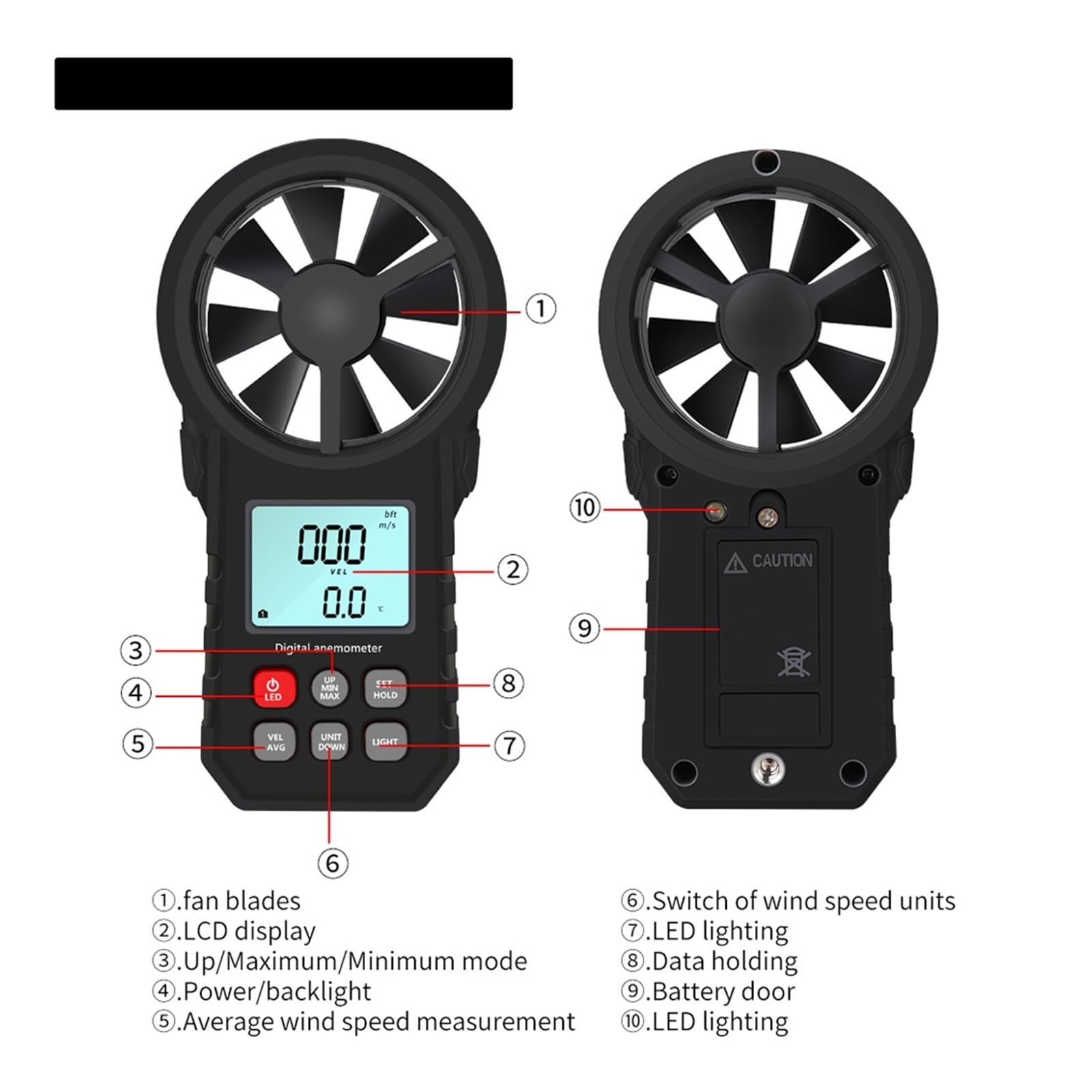Profesjonalny Cyfrowy Anemometr Obrotomierz Czujnik Prędkości Wiatru Przenośny Miernik Z Podświetleniem LCD Precyzyjny Pomiar(Red)