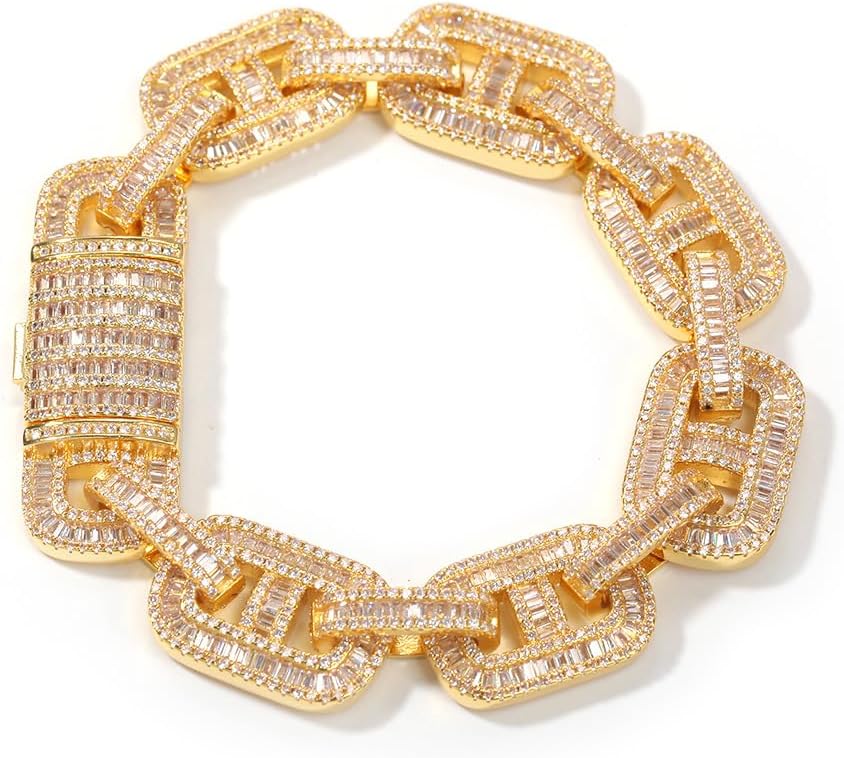 Lulu Mel Iced Out Chain Hip Hop Gold Plated INS Zirconia Pig Nose Chain 7-8 inch 15mm Cuban Chain Bracelet For Men, Baguette Diamond Braclet With Gift Box For Trendy Women