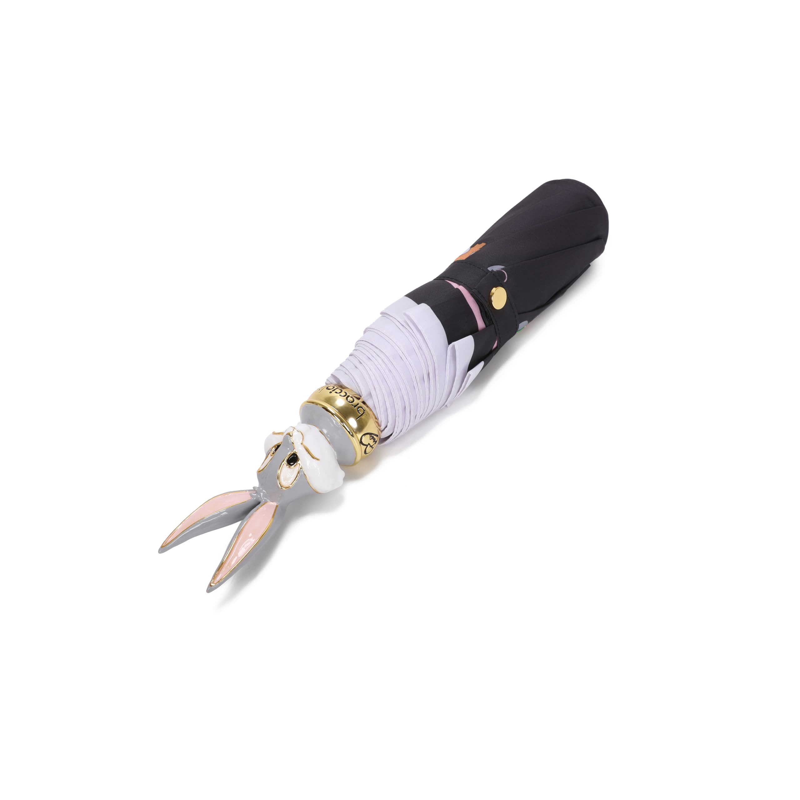 Braccialini Ombrelli Lt Ombrello manuale con impugnatura sagomata a forma di Bugs Bunny. Design romantico su base nera con cuori e grafica di Bugs Bunny. Dettagli rosa a contrasto e logo Looney Tunes