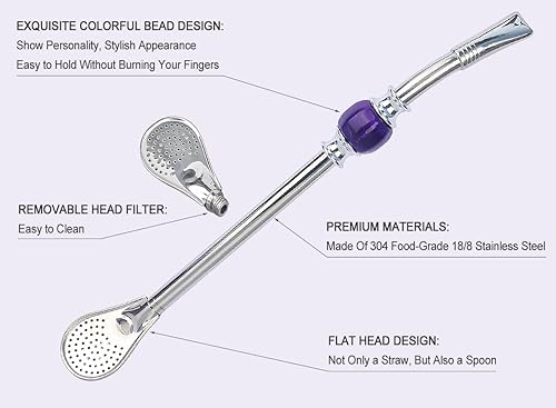 Miniatura 9 de Pajitas grandes de acero inoxidable Yerba Mate Premium - Bombillas para beber calabaza mate, con filtro de cabeza extraíble (blanco)