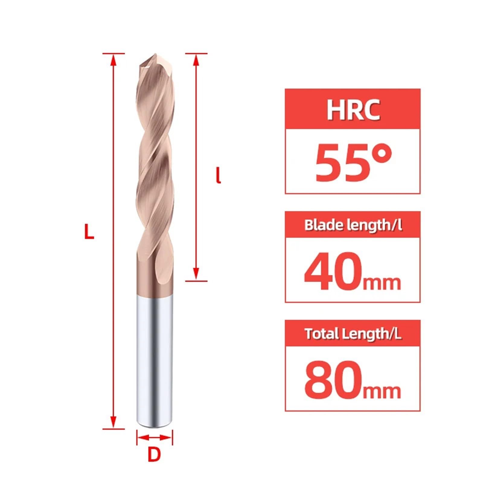 Longueur totale : 80 mm - Forets en carbure HRC45° HRC55° pour le travail des métaux durs CNC - Forets métalliques en acier tungstène 2,1 à 10 mm (HRC55, 8,4 mm _ 80 mm)