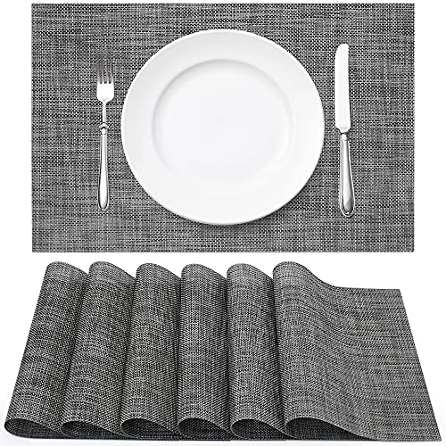 Vinyl Woven Placemats for Dining Table Set of 6, Washable Heat Resistant Place Mats for Home Kitchen Dinner, Indoor Outdoor Placemats for Patio Table, Black Grey Rectangle Table Mats by WEHVKEI