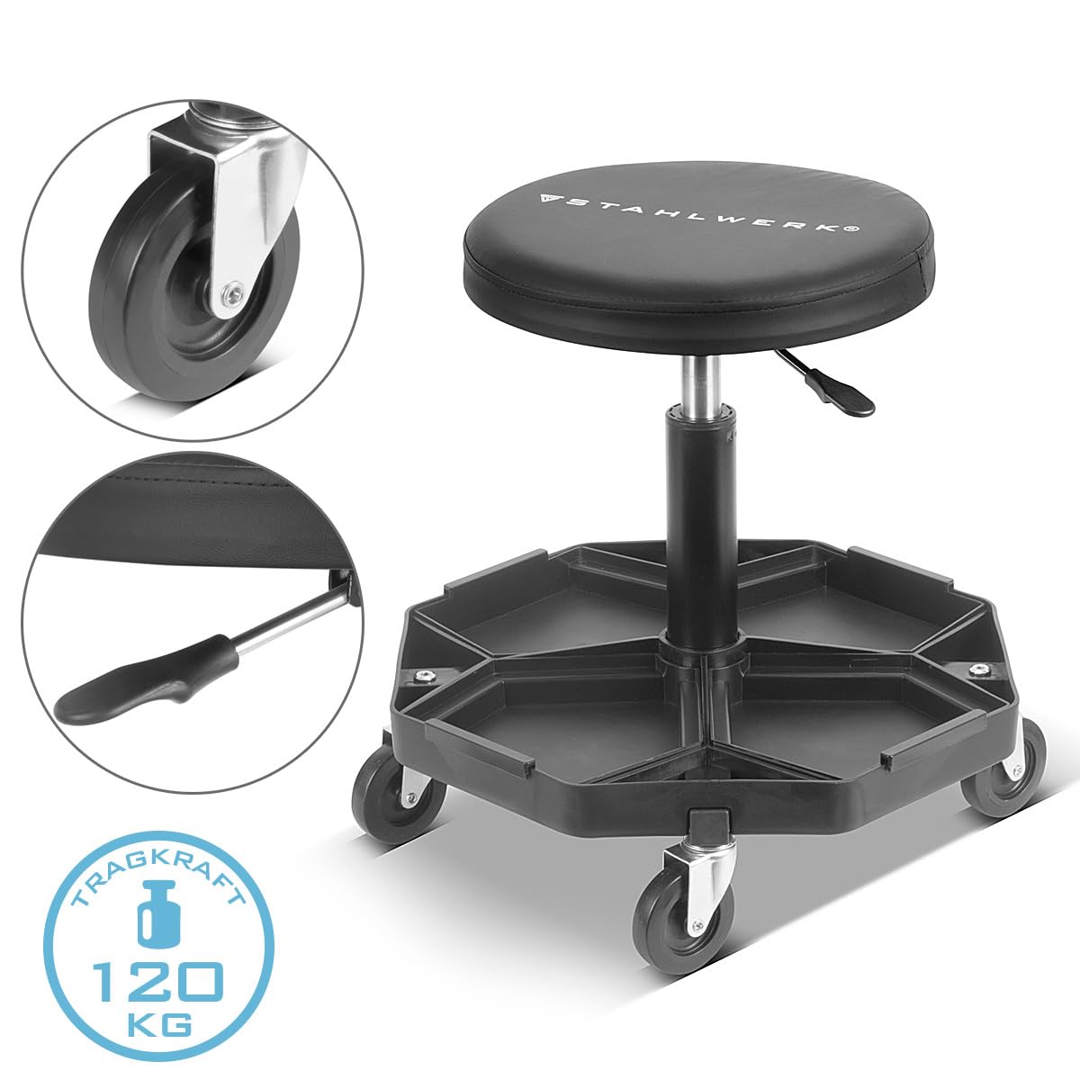 STAHLWERK Taburete de Taller WRH-57 ST con Capacidad de Carga de 120 kg Asiento de Taller | Silla de Taller | Taburete rodante | Taburete de Trabajo | Asiento con Ruedas para Taller con Ruedas de