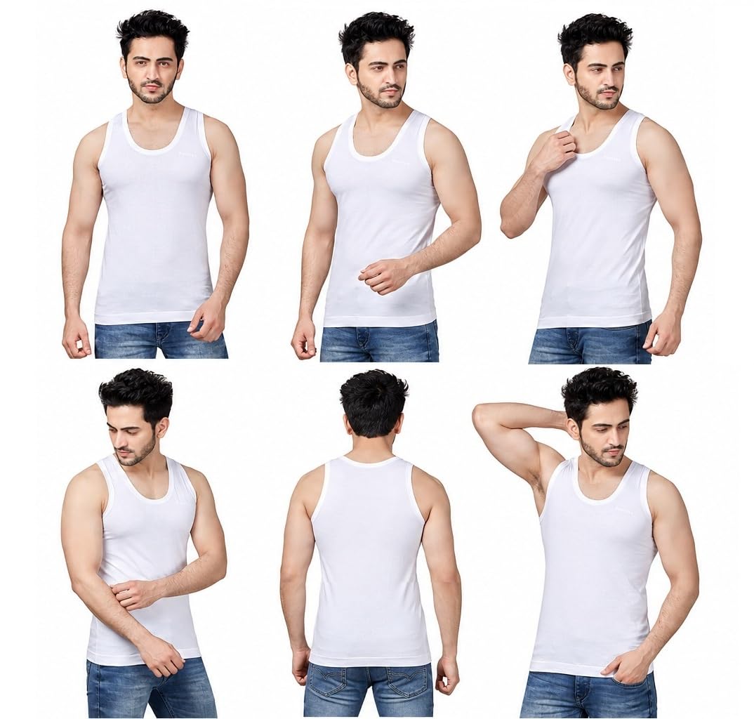 poomex Premium Men's Cotton Regular Fit Vest (Pack of 6) # Sleevless White Vest # Half Dozen Pack # Reinforced Shoulder Straps #-picture-29
