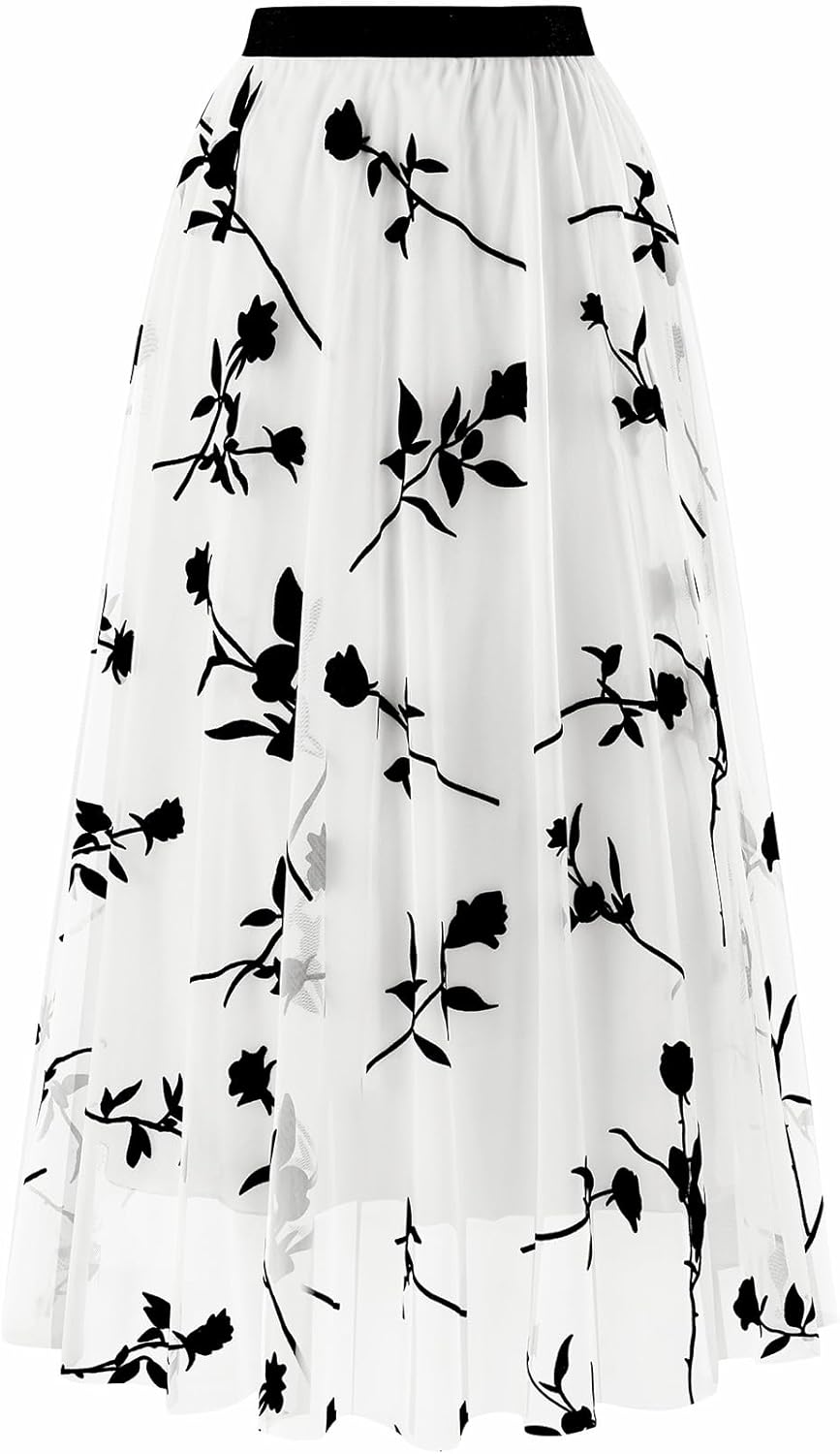 Skirts for Women Tulle Midi Long Length Pleated Skirt Summer A-Line Floral Dressy Trendy High Waist Flowy Skirts - Image 3