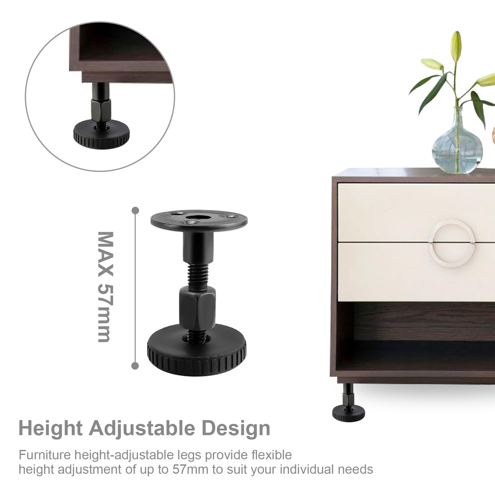 HERKINDNESS Adjustable Furniture Legs 27-64 mm, 4 Pieces Black Adjustable Foot, Adjustable Cabinet Legs Adjustable - Image 3