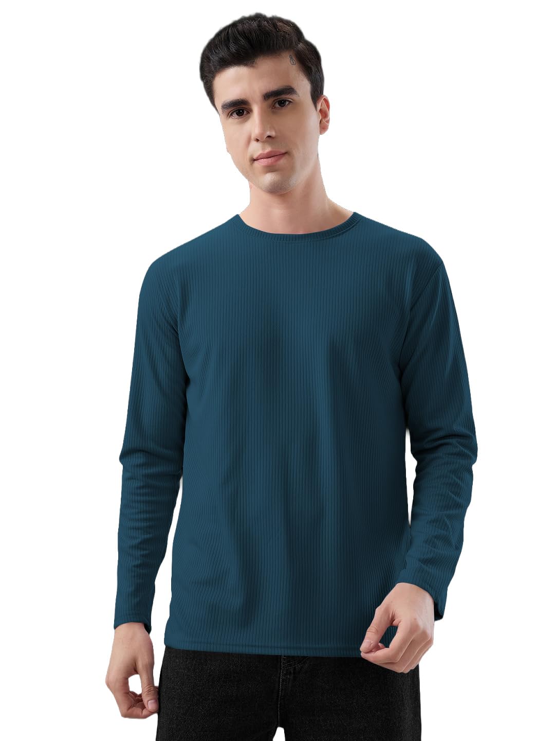 kajaru Men's Textured Knit T-Shirt, Round Neck, Full Sleeve, Available in Black, Navy Blue, Green, Off White-picture-13