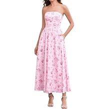 Strapless Floral Flowy Smocked Summer Wedding Guest Maxi Dress Women | with Pockets, Tube Top, A Line, Long Dress for Engagement Garden Tea Party Beach Bridal Shower