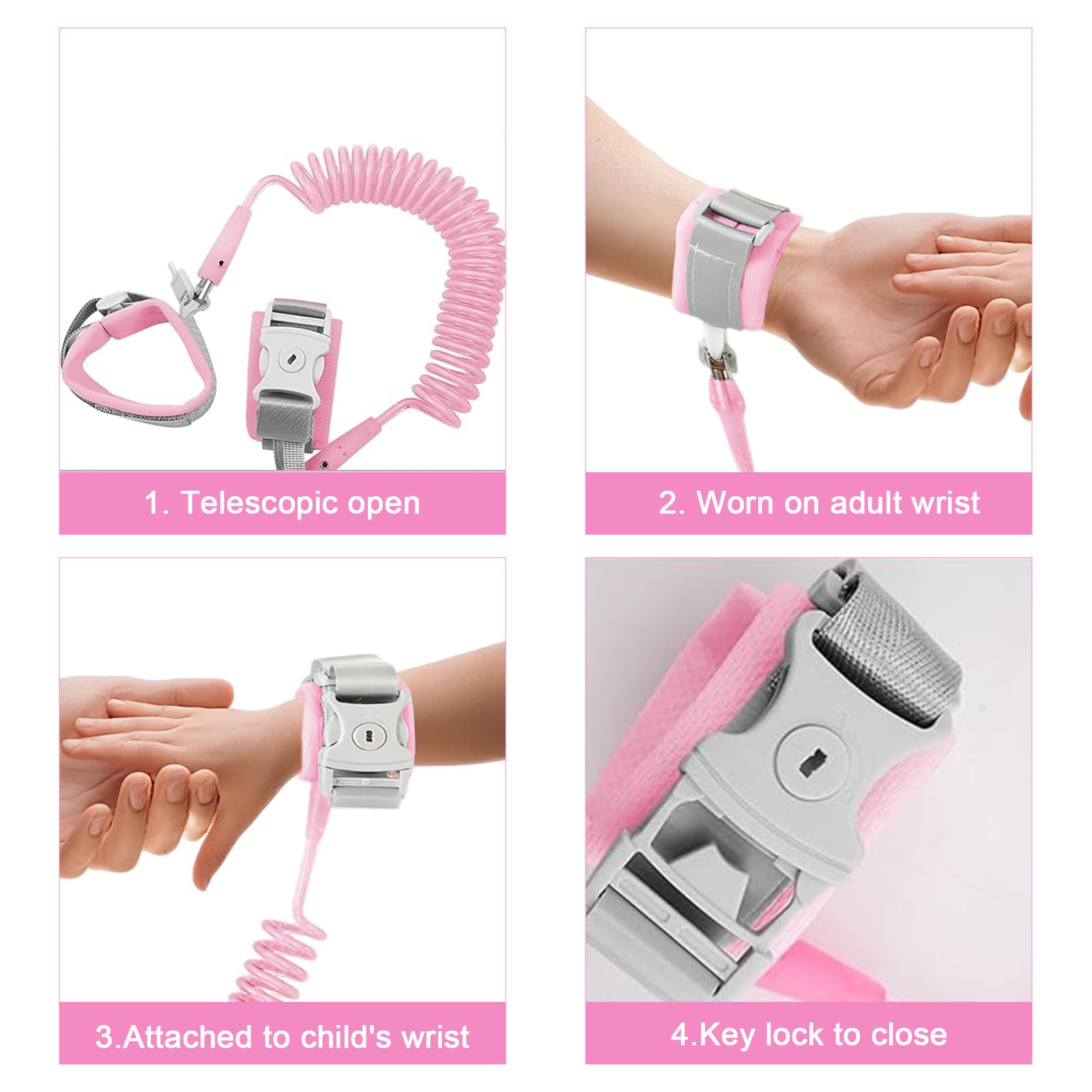Guinzaglio per bambini 2,5M con chiave Braccialetto anti-perso regolabile 360° Rosa