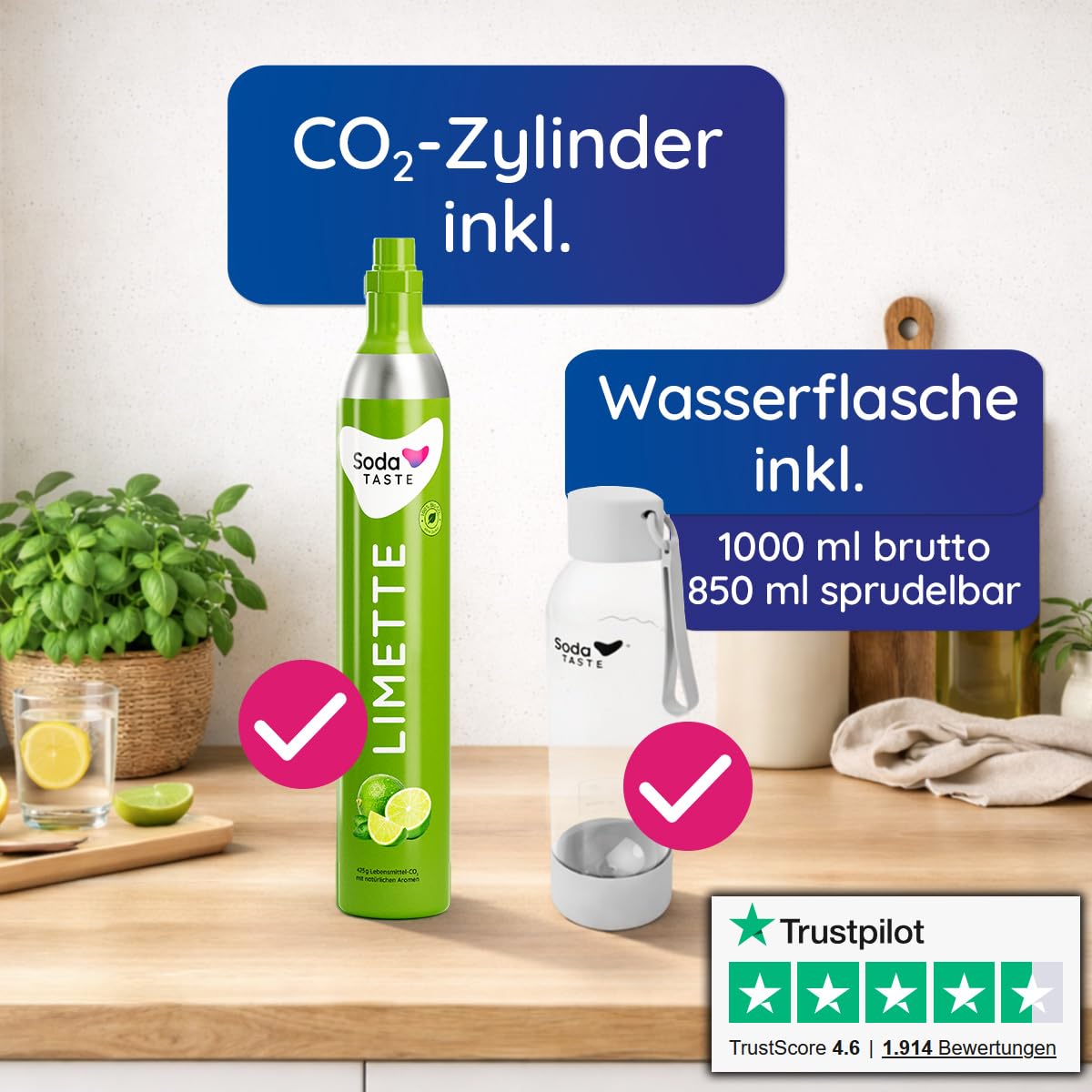 UNO Machine à gazéifier – Modulaire et sans électricité | Compatible avec tous les cylindres de CO₂ avec filetage rotatif standard | Kit comprenant une bouteille d'eau de 1 l et un cylindre de CO₂