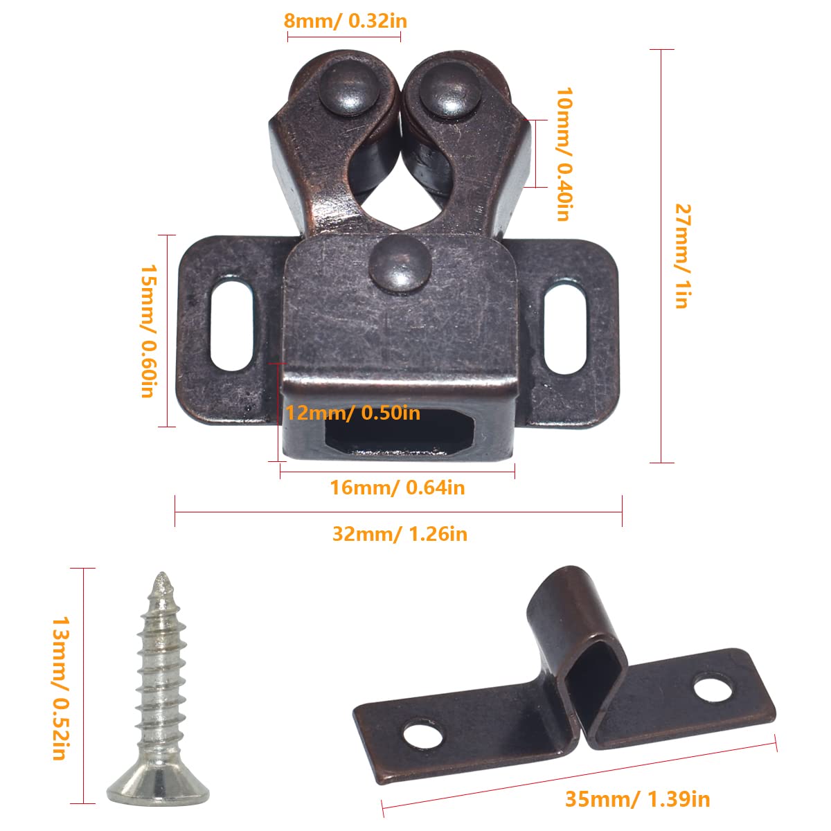 20Pack Double Roller Catch Door Latch Cold Rolled Steel Stay Put Smooth Close with Screws for Kitchen Close Cabinet Cupboard Closet Doors (Red Bronze) - Image 2
