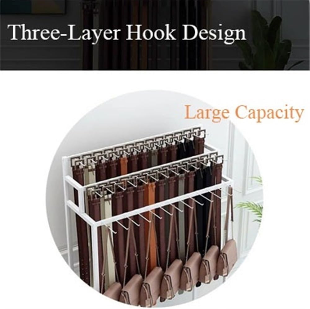 Floor Mounted Belt Rack, 3-Tier Metal Belt Organizer with Hook, Tie Rack and Bag Rack for Retail Display, Multifunctional Display Stand for Purse, Tie, Scarf for Store(White,100cm-39.4in)