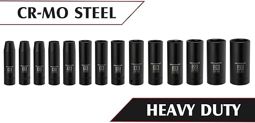 Miniatura 4 de MIXPOWER Juego de 14 llaves de vaso de impacto profundo de 12 pulgada, 0.394 in-1.063 in, acero Cr-Mo, métrico, grado de impacto, estuche de
